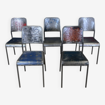 Lot de 5 chaises industrielles acier gris années 80 France