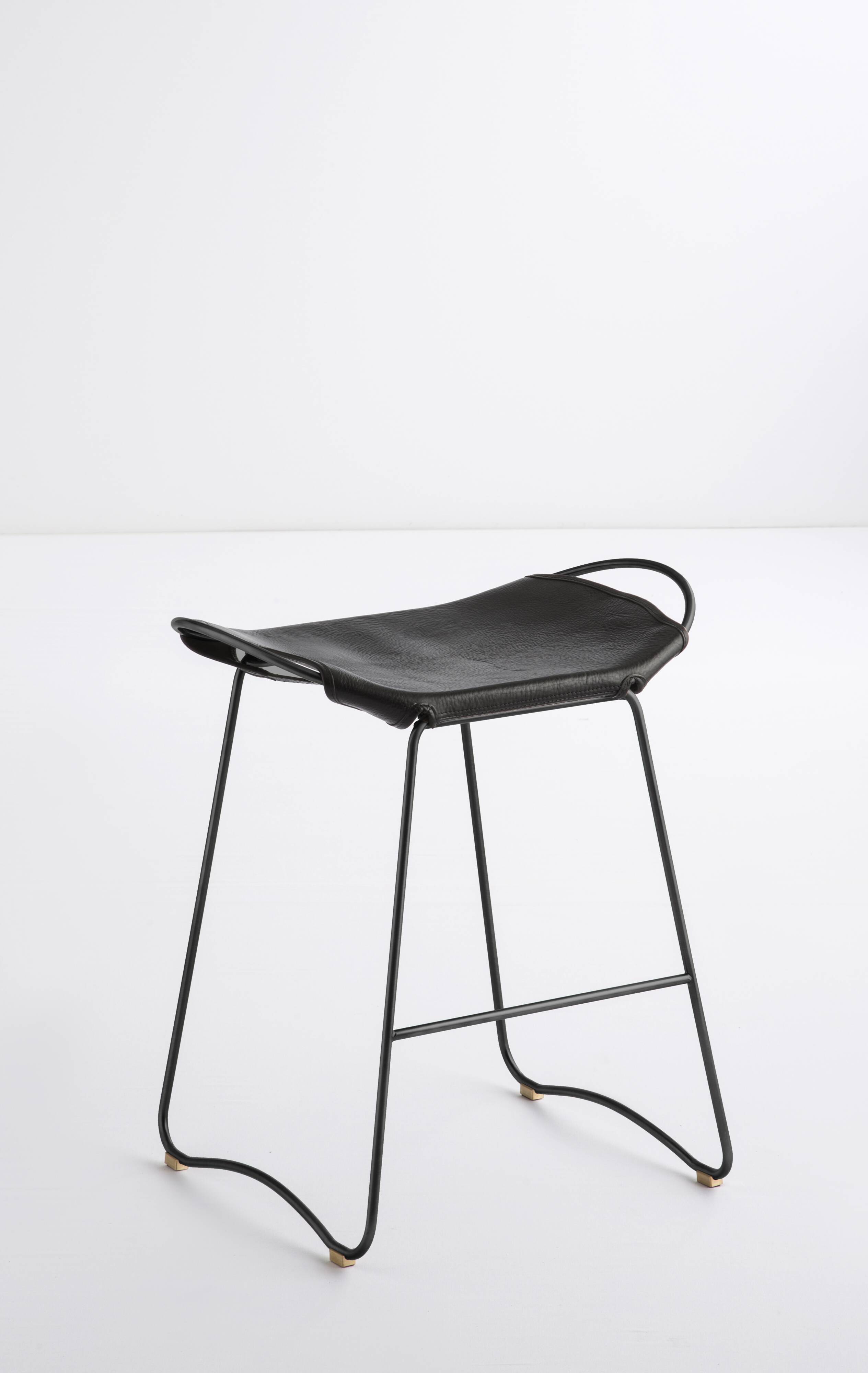 Contemporary Kitchen Counter Bar Stool Black Smoke Steel & Black Leather