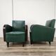 Pair of Art Decò armchairs in walnut and green leather, 1940
