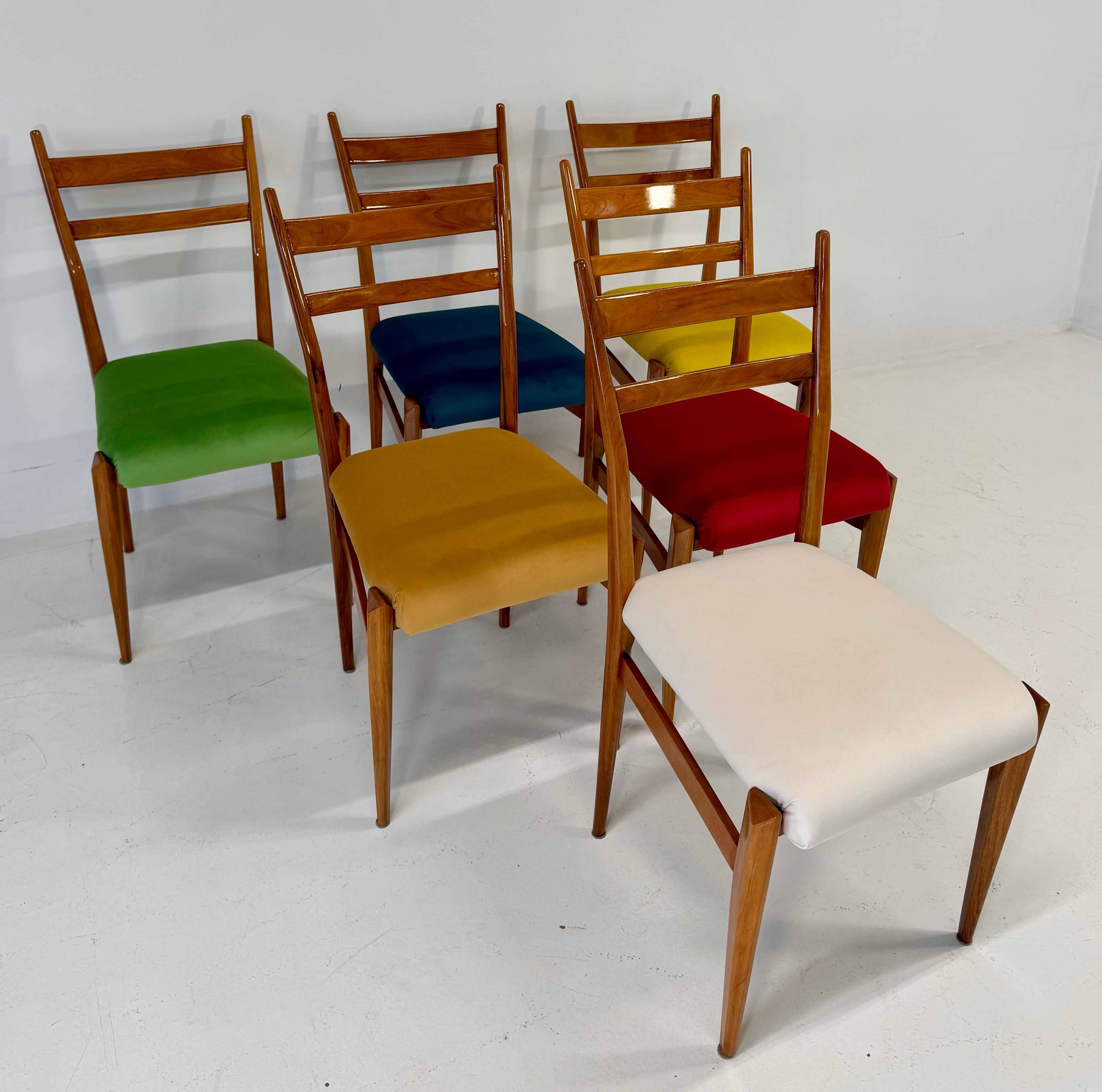 Set of Six Italian Art Deco Walnut Chairs with Colorful Velvet Seats, 1950s