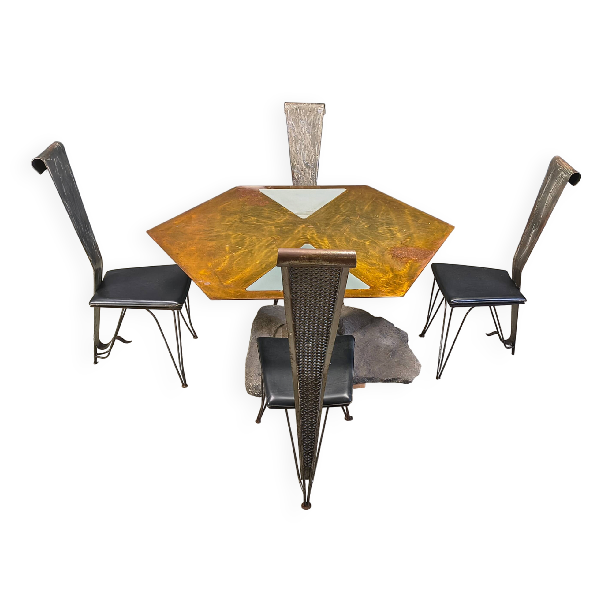 Hand crafted steel and stone dining set, 1970s