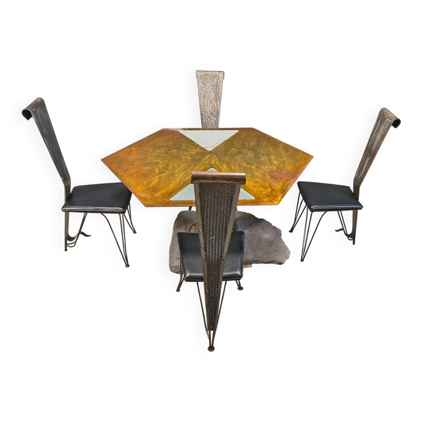 Ensemble de salle à manger en acier et en pierre fait à la main, années 1970