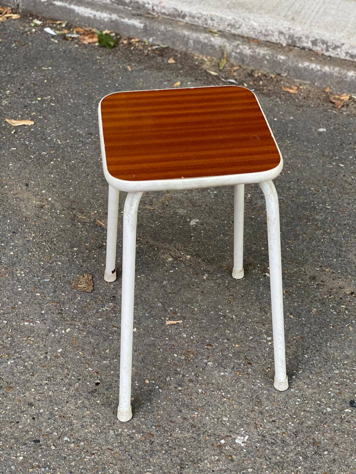 Vintage wooden and white steel stool