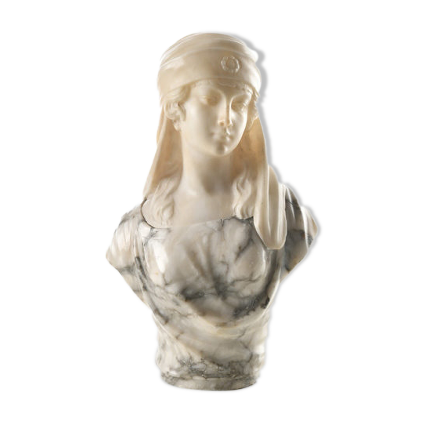 Bust Of A Young Woman With A Headdress In Marble By Guglielmo Pugi Selency