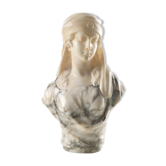"Bust of a young woman with a headdress" in marble by Guglielmo PUGI