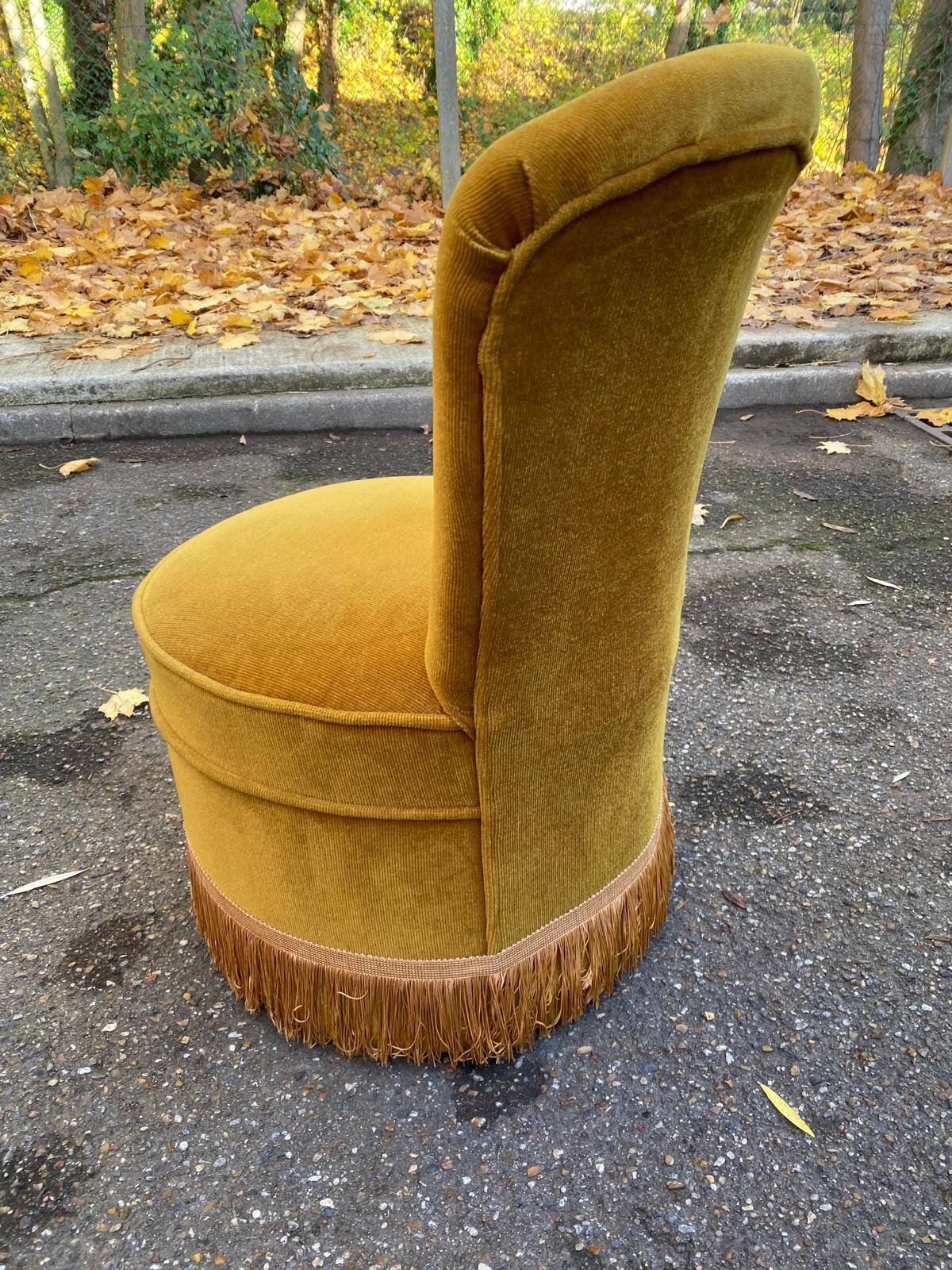 2 19th century golden mustard yellow velvet toadstool armchairs