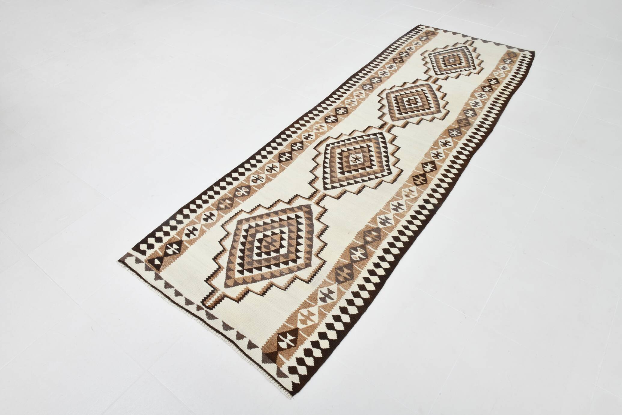 93x277 Wool Cream Runner Rug, Vintage Runner For Hallway