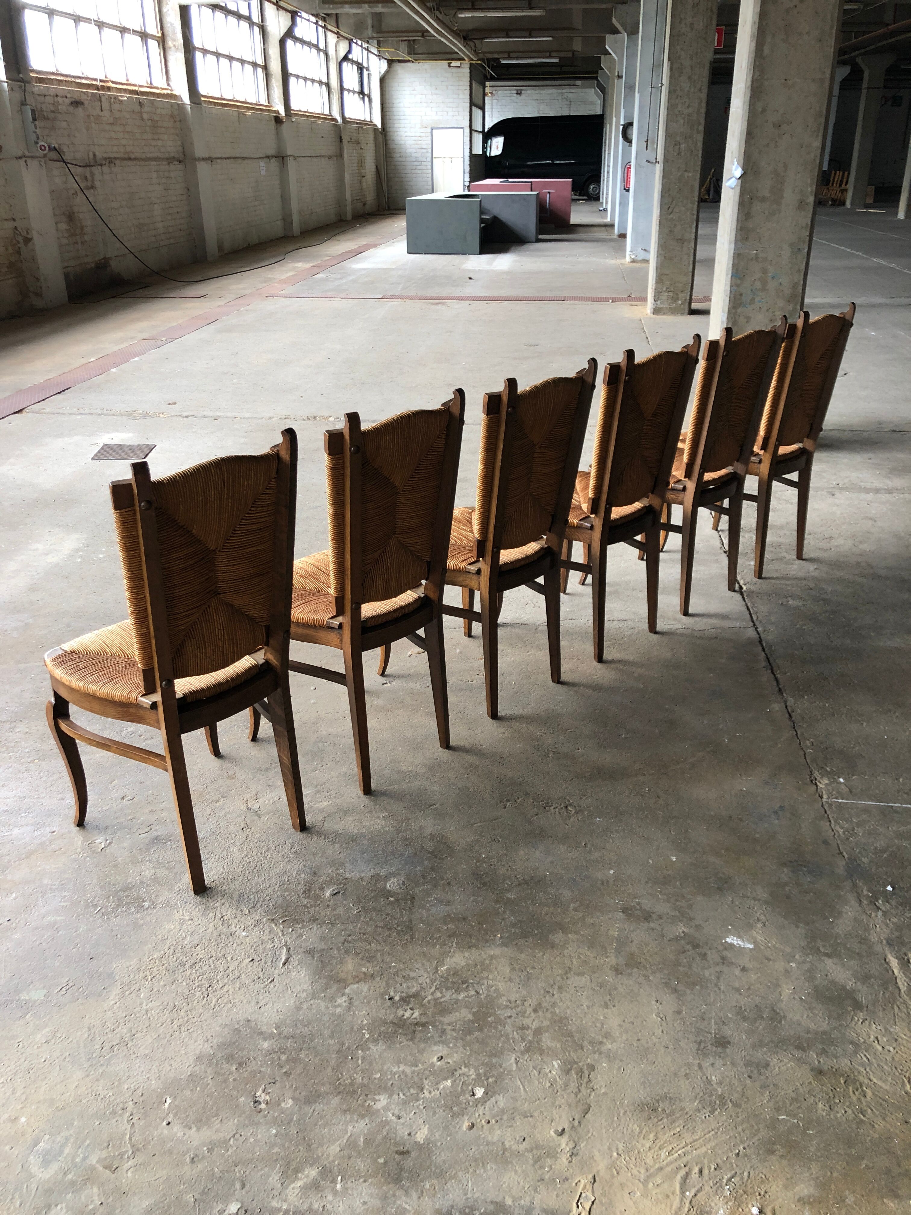 Dining chairs with rush made of oak wood, France 1950s, Set of 6