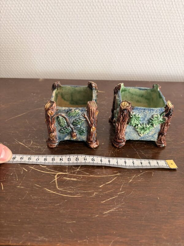 Ancien Cache Pot Jardinière Table Barbotine Terre cuite emmaillée Majolique