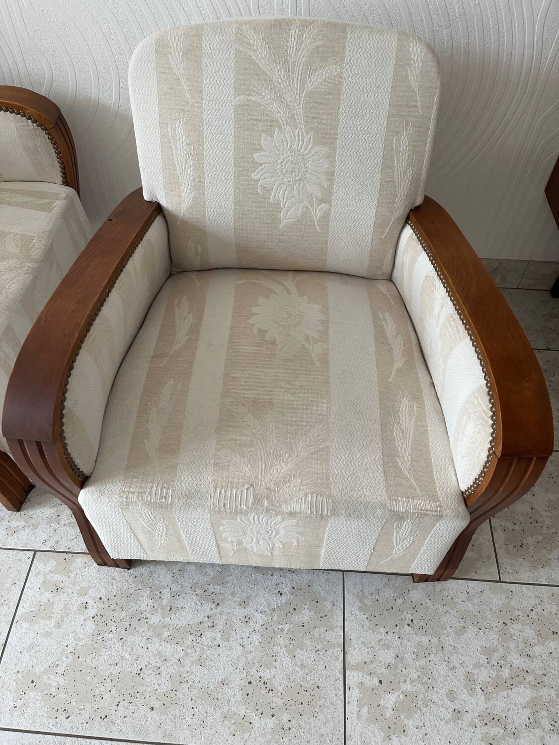 Pair of art deco armchairs in wood and floral fabric