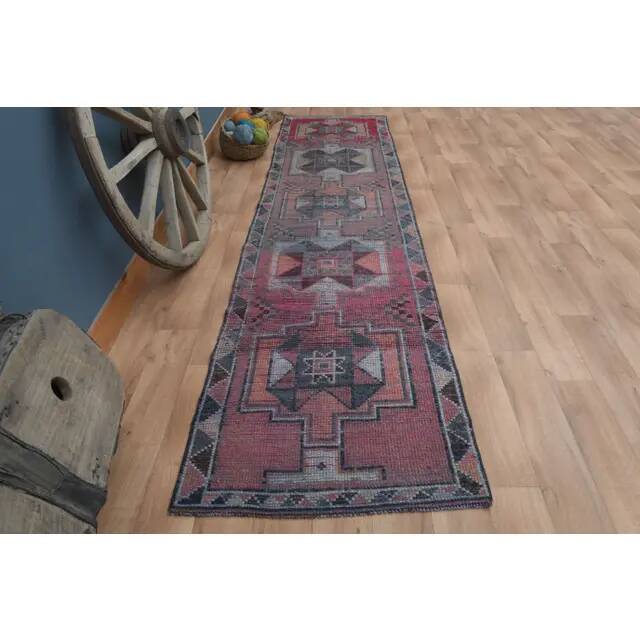 1970s Vintage Turkish Handmade Wool & Cotton Purple Runner Rug 91X359