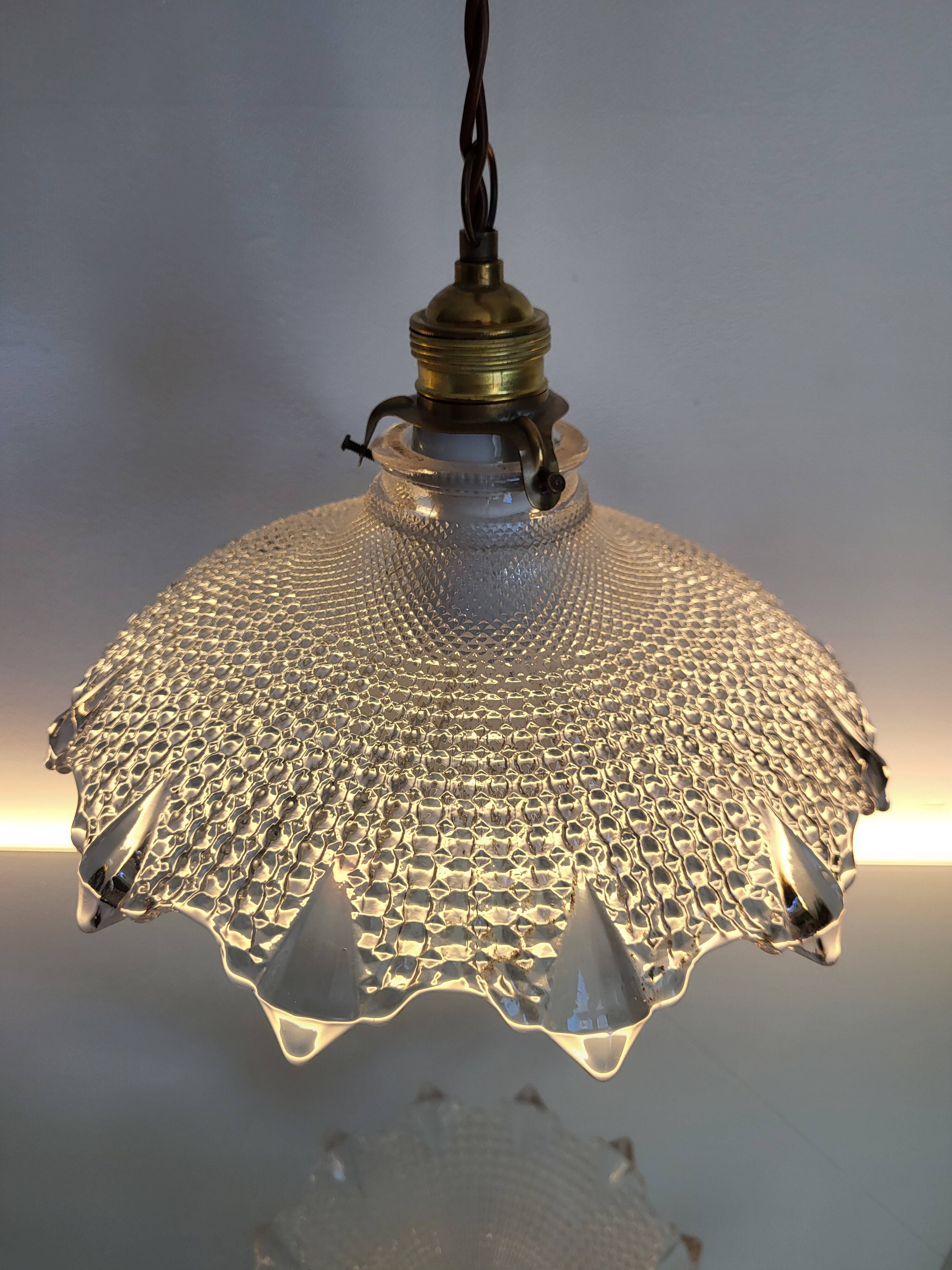 Holophane lamp, Art deco, jaren 30, geribbelde glasstructuur, gegoten glas