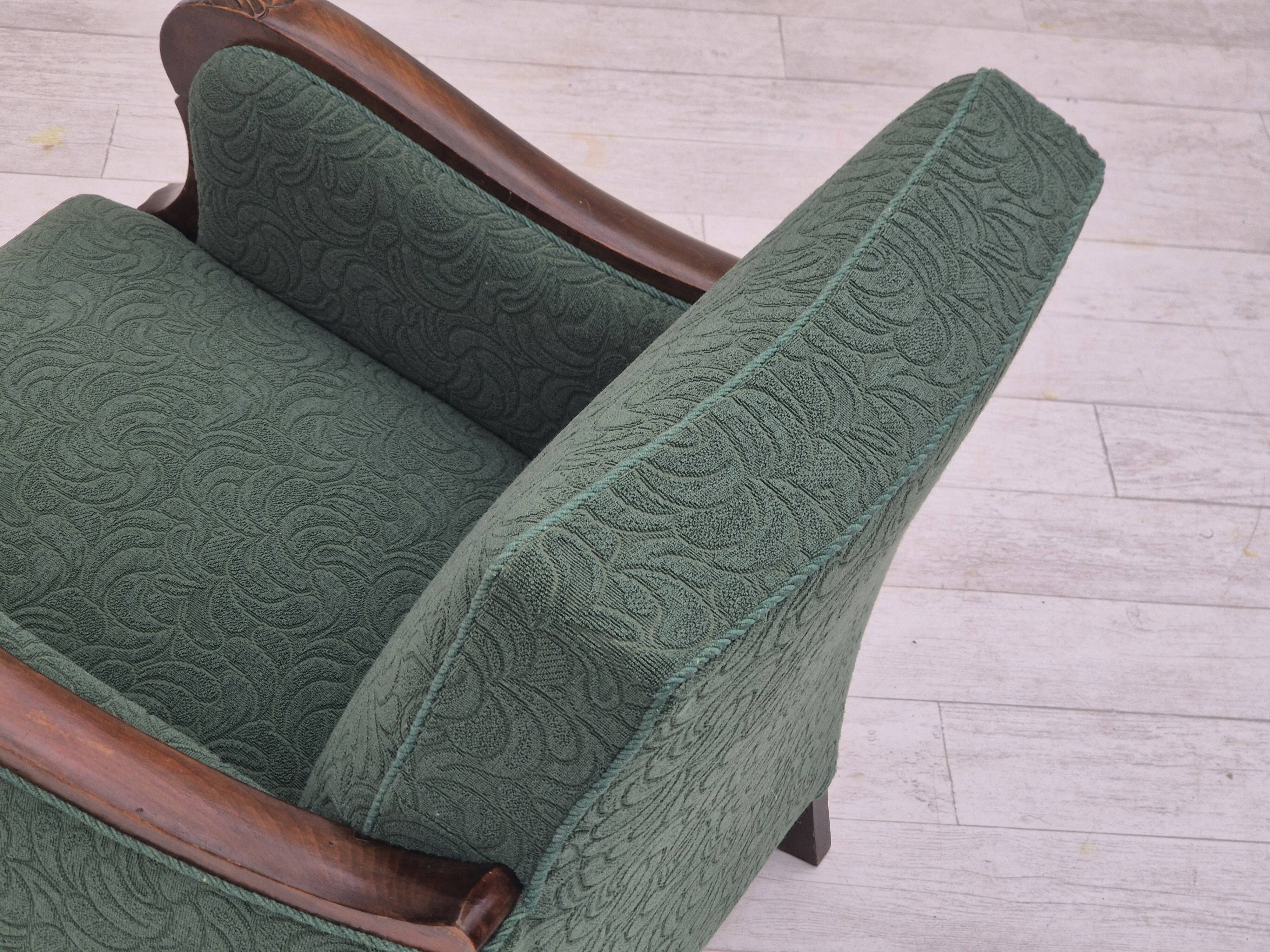 1950s, Danish relax chair, green furniture blend wool fabric, beech wood.