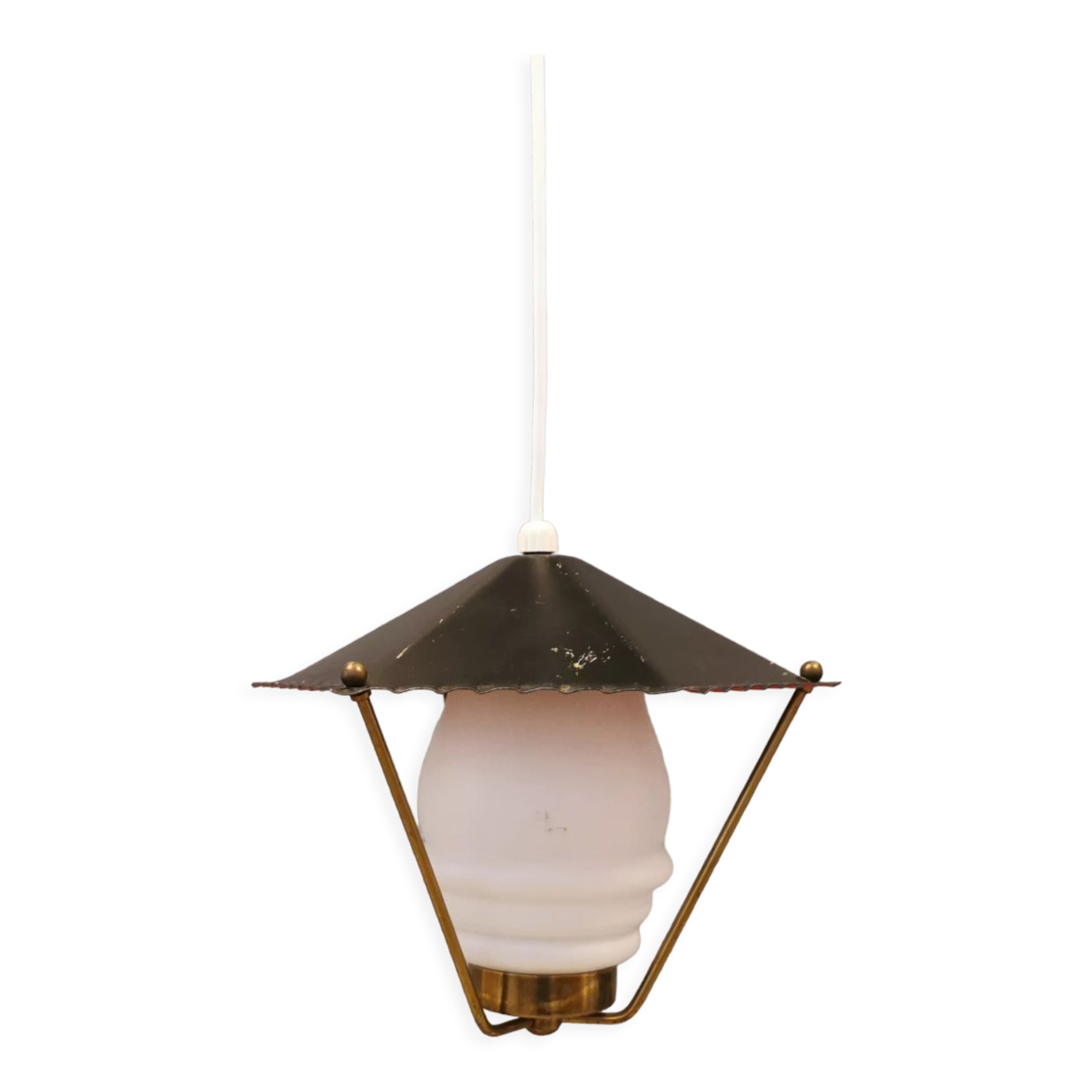 Danish hanging lamp from the 50-60s, made of brass, metal and with milky white glass shade.