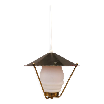 Danish hanging lamp from the 50-60s, made of brass, metal and with milky white glass shade.