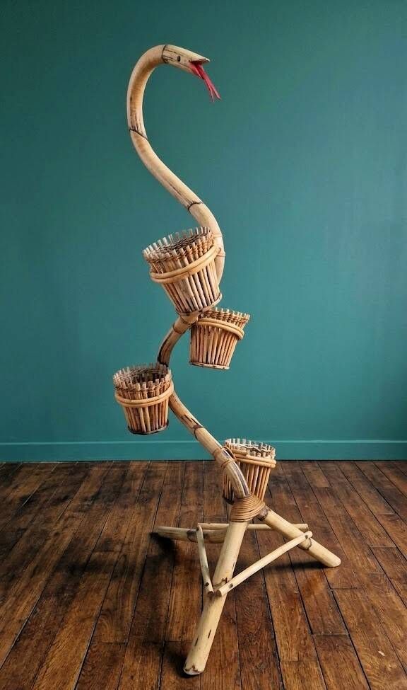 Vintage Cobra Snake Plant Stand in Bamboo and Rattan