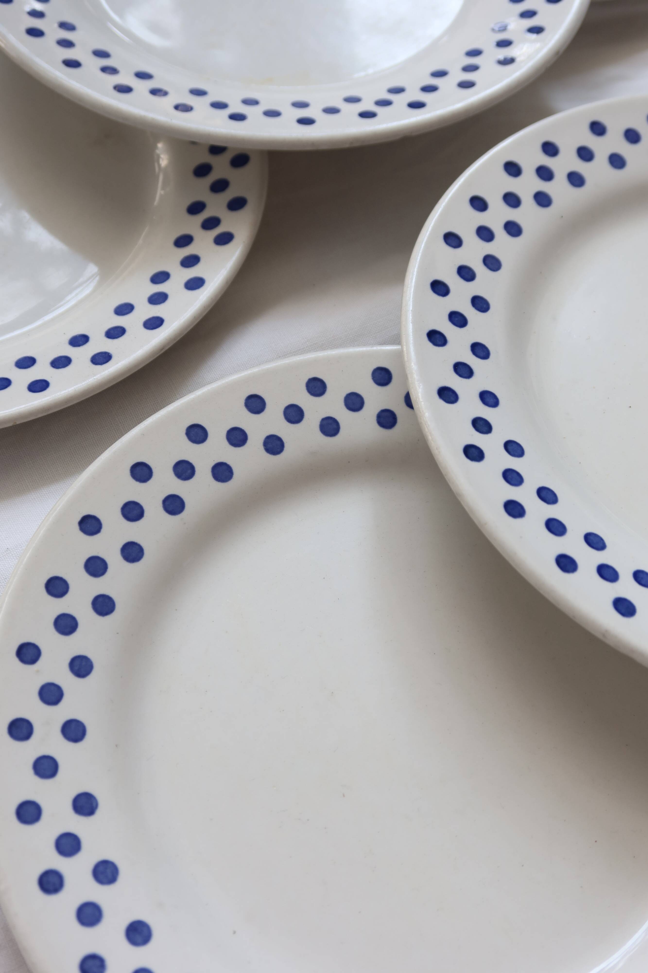 6 Vintage Oxford Earthenware Dessert Plates - Blue Polka Dot Pattern