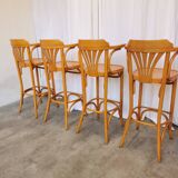 Ensemble de 4 chaises hautes de bar vintage en bois courbé avec accoudoirs / Couleur bois naturel