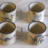 Set of 4 stoneware cups/mugs with blue floral designs, made in China.