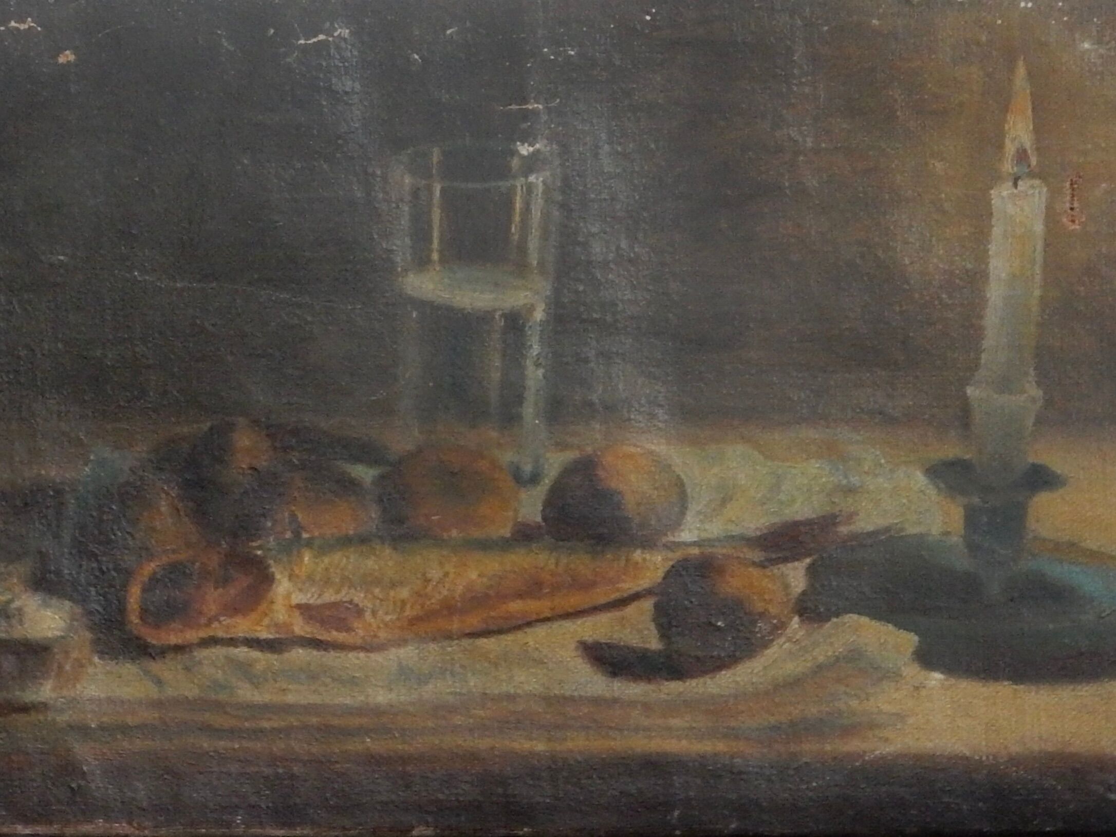 Oil on canvas still life painting lit by candlelight