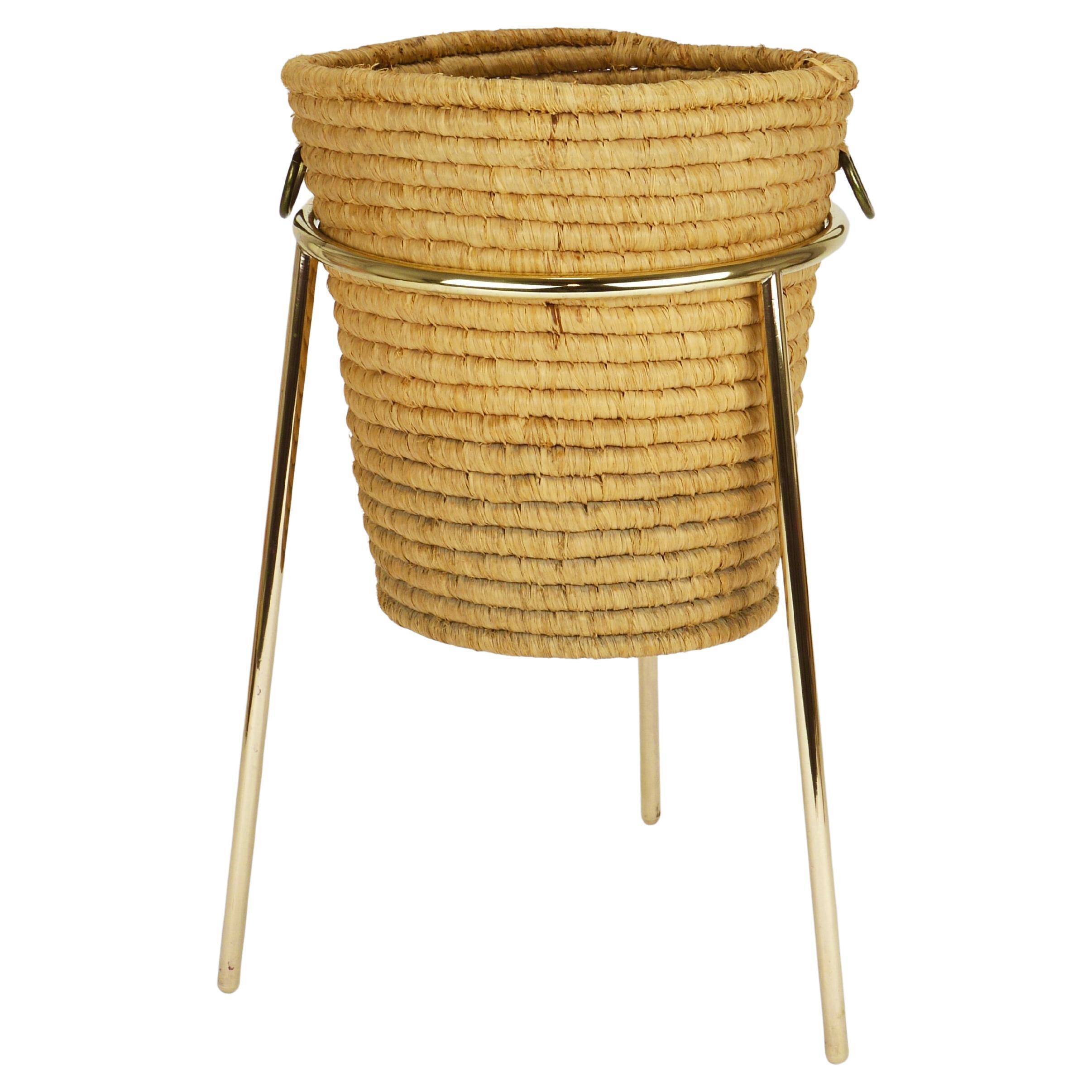 Carl Auböck II paper basket in raffia and brass, umbrella stand, 1950s