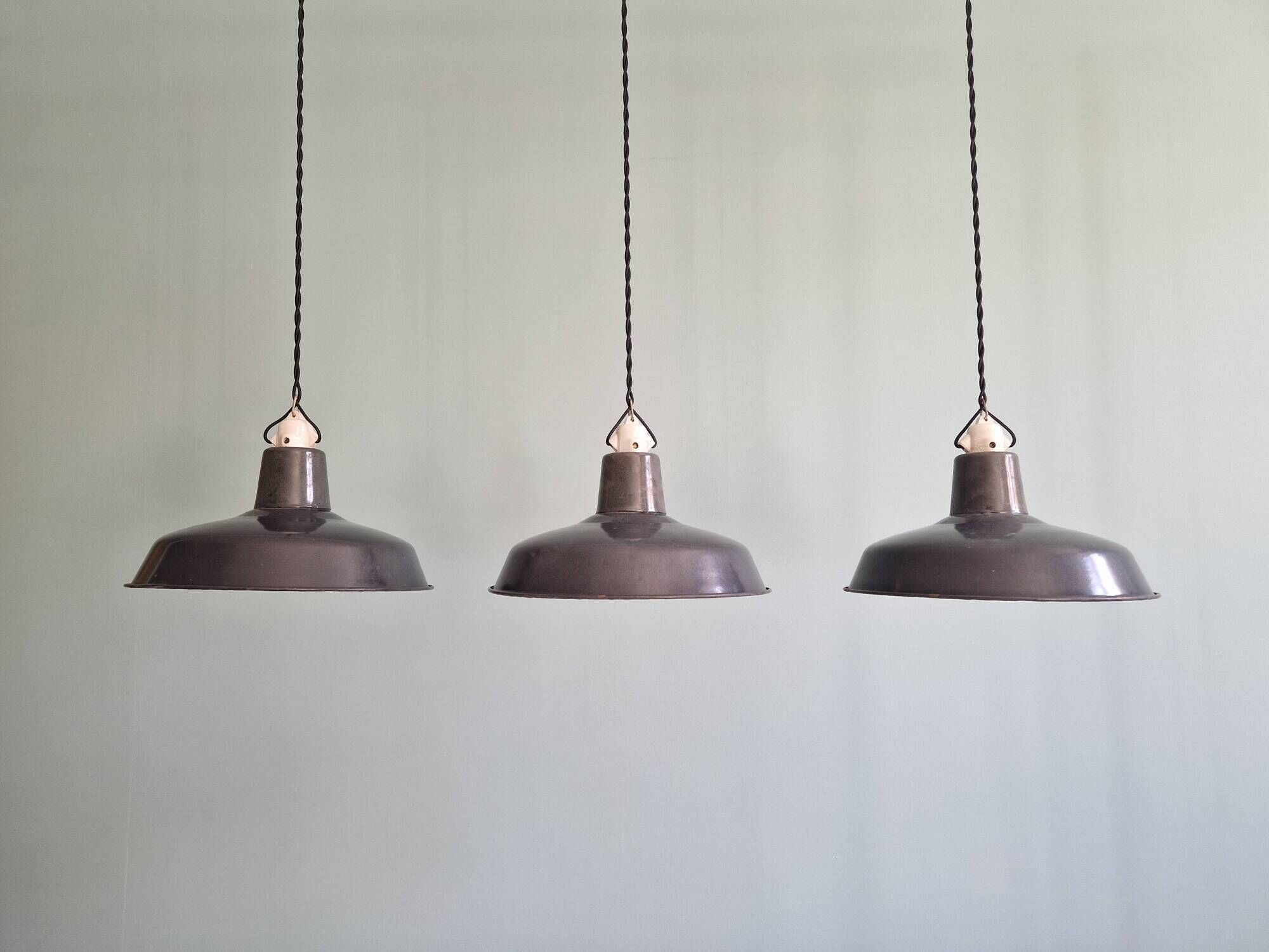 Set of 3 industrial pendant lights in anthracite enameled sheet metal