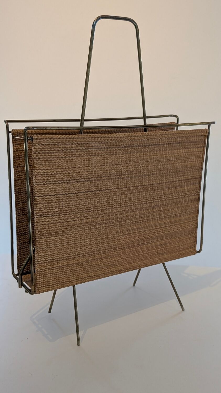 Swedish brass and raffia magazine rack