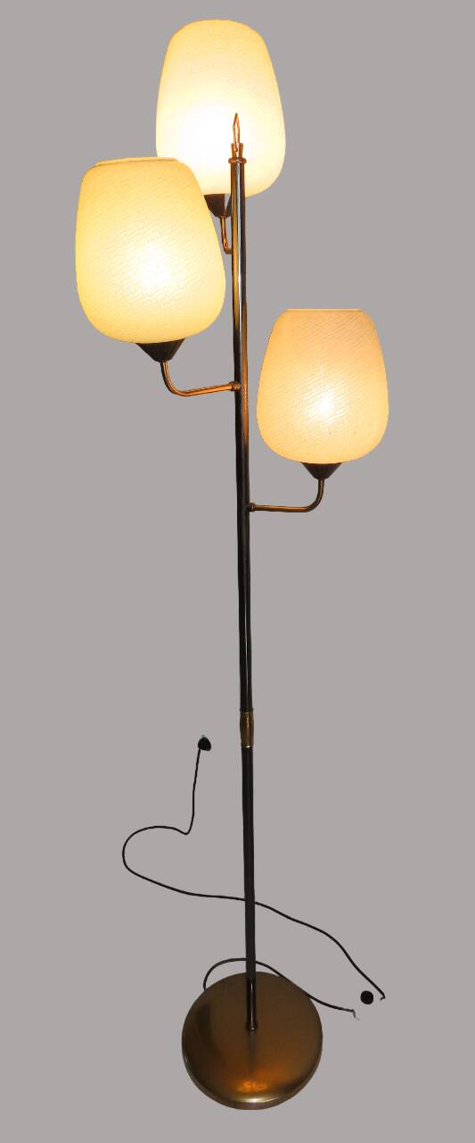 Vintage metal floor lamp with 3 lights and matt white opals