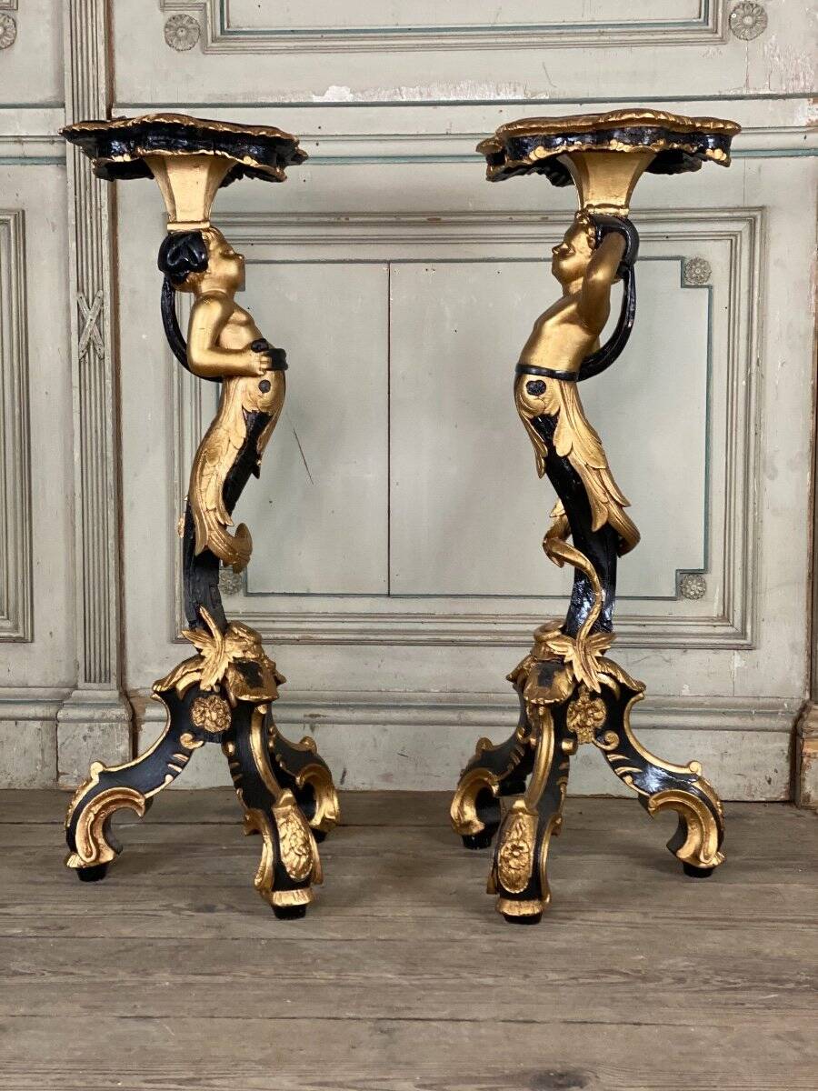 Pair of carved wooden pedestals, black and gold patina circa 1900