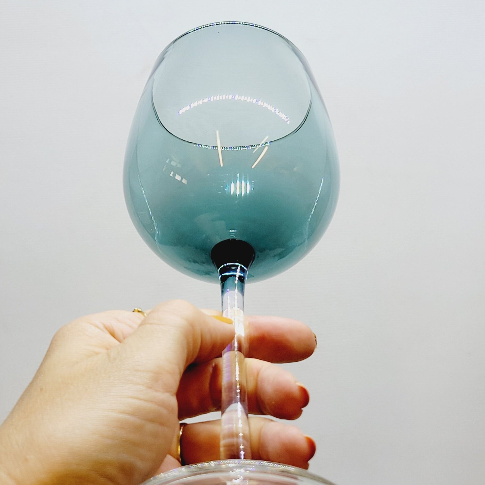 6 Large Wine or Water Balloon Glasses in Petrol Blue Color Blown Glass