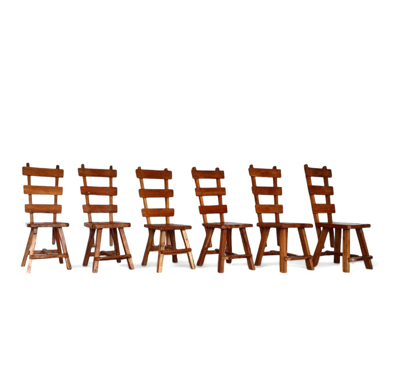 Elm wood brutalist wabi sabi dining set with 6 chairs & Table, 1960s