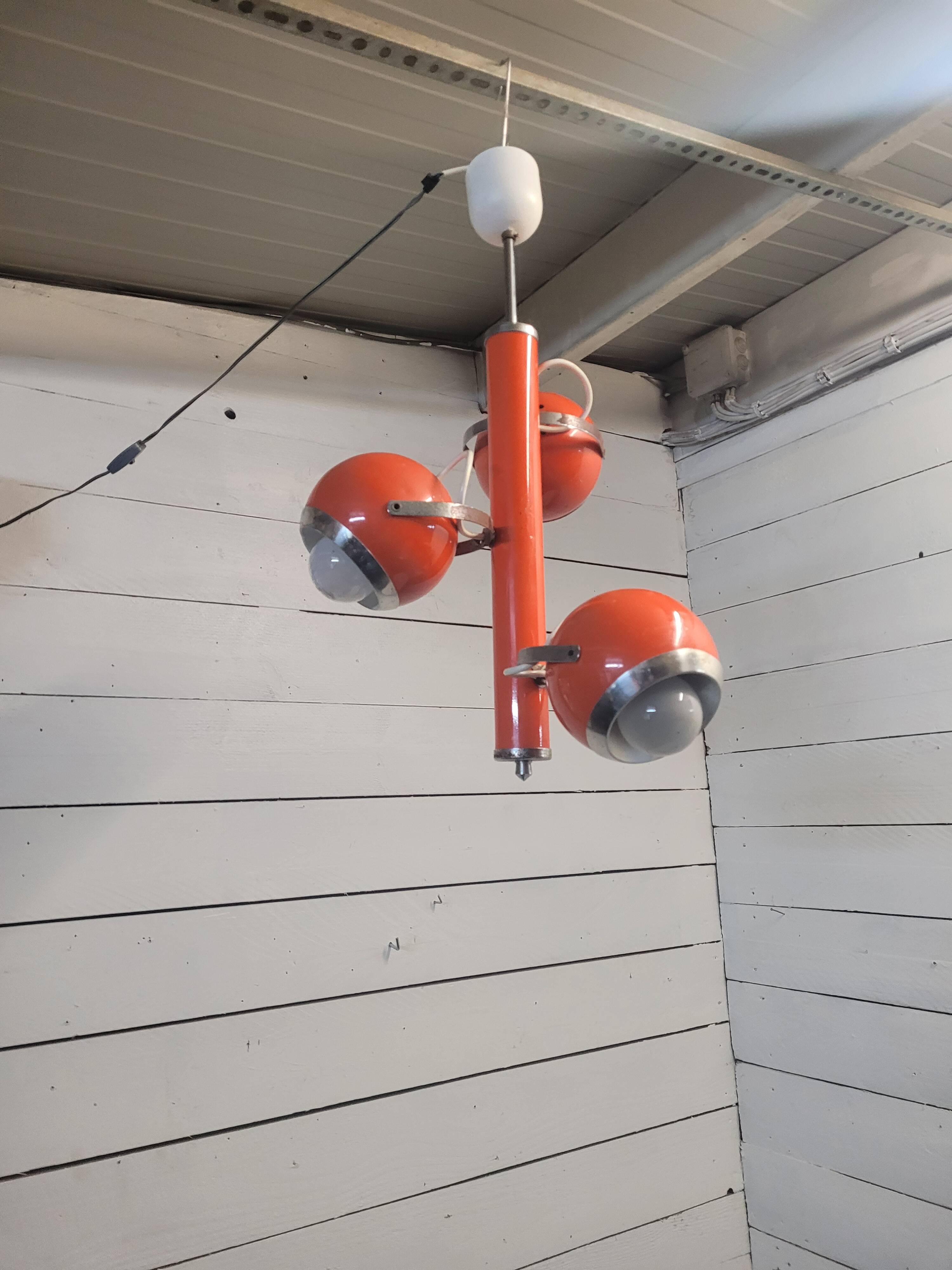 Lustre suspension vintage eyeball orange à 3 lumières des années 60