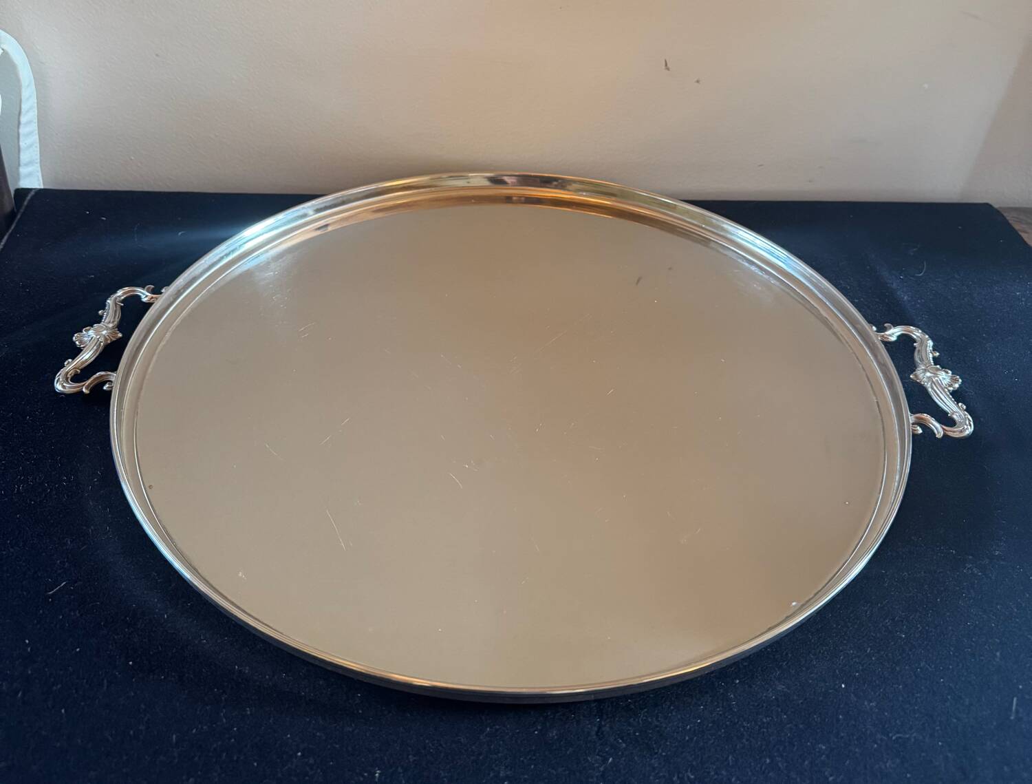 Large silver tray with rocaille handles – mid-20th century