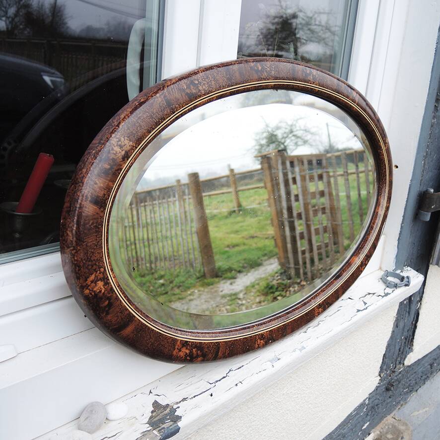 Antique Oval Beveled Mirror with Wooden Frame