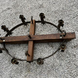 Castle chandelier in oak and cast iron 1950 60