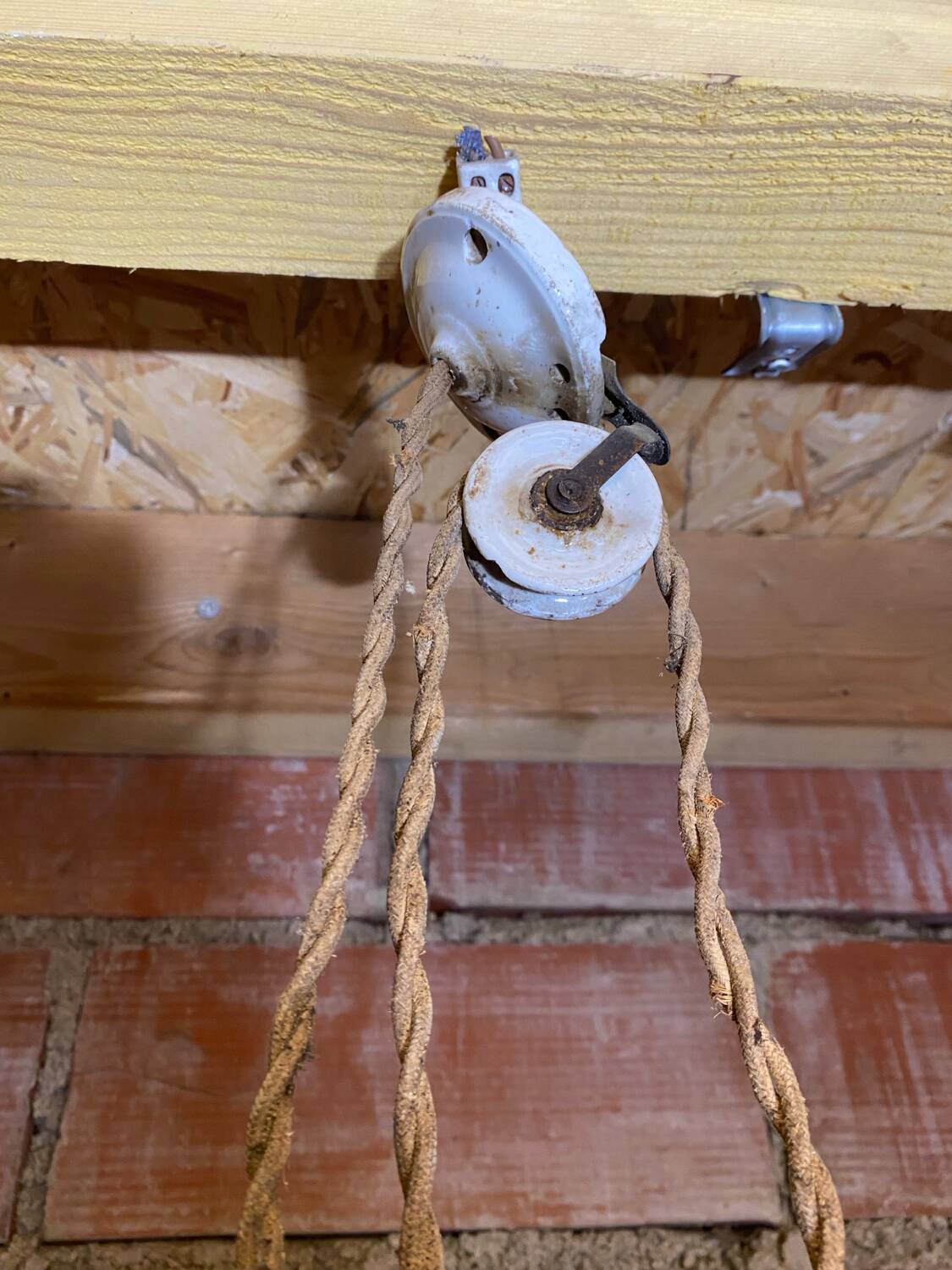 Industrial pendant light, mounted and lowered, green metal + vintage porcelain