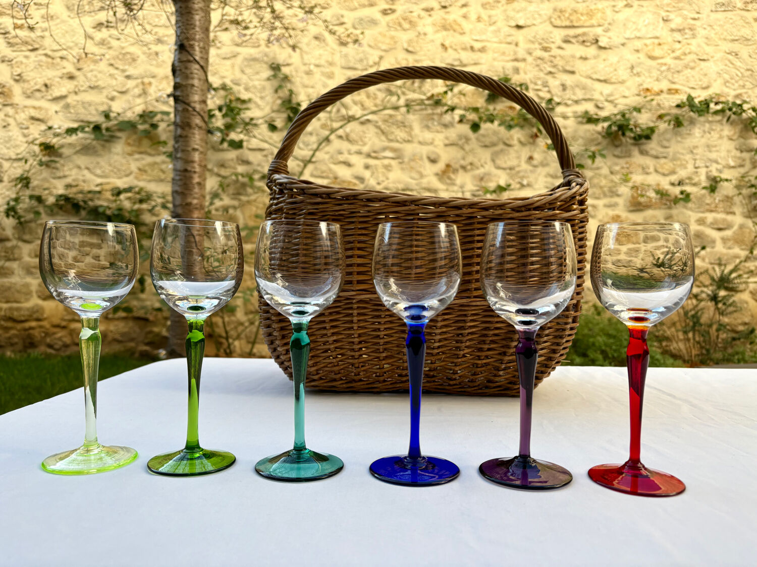 6 crystal glasses with coloured stems