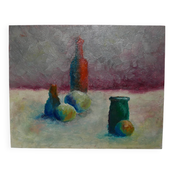 Framed painting, contemporary still life, oil on canvas board, country decoration