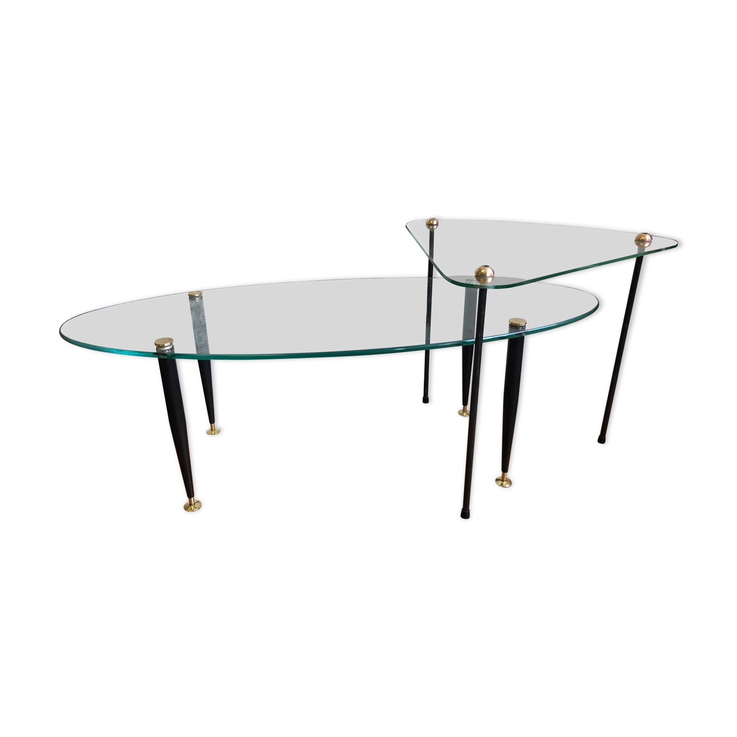 Set of trundle coffee tables in glass and brass
