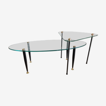 Ensemble de tables basses gigognes en verre et laiton