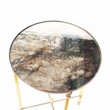 Vintage French round brass and glass side table