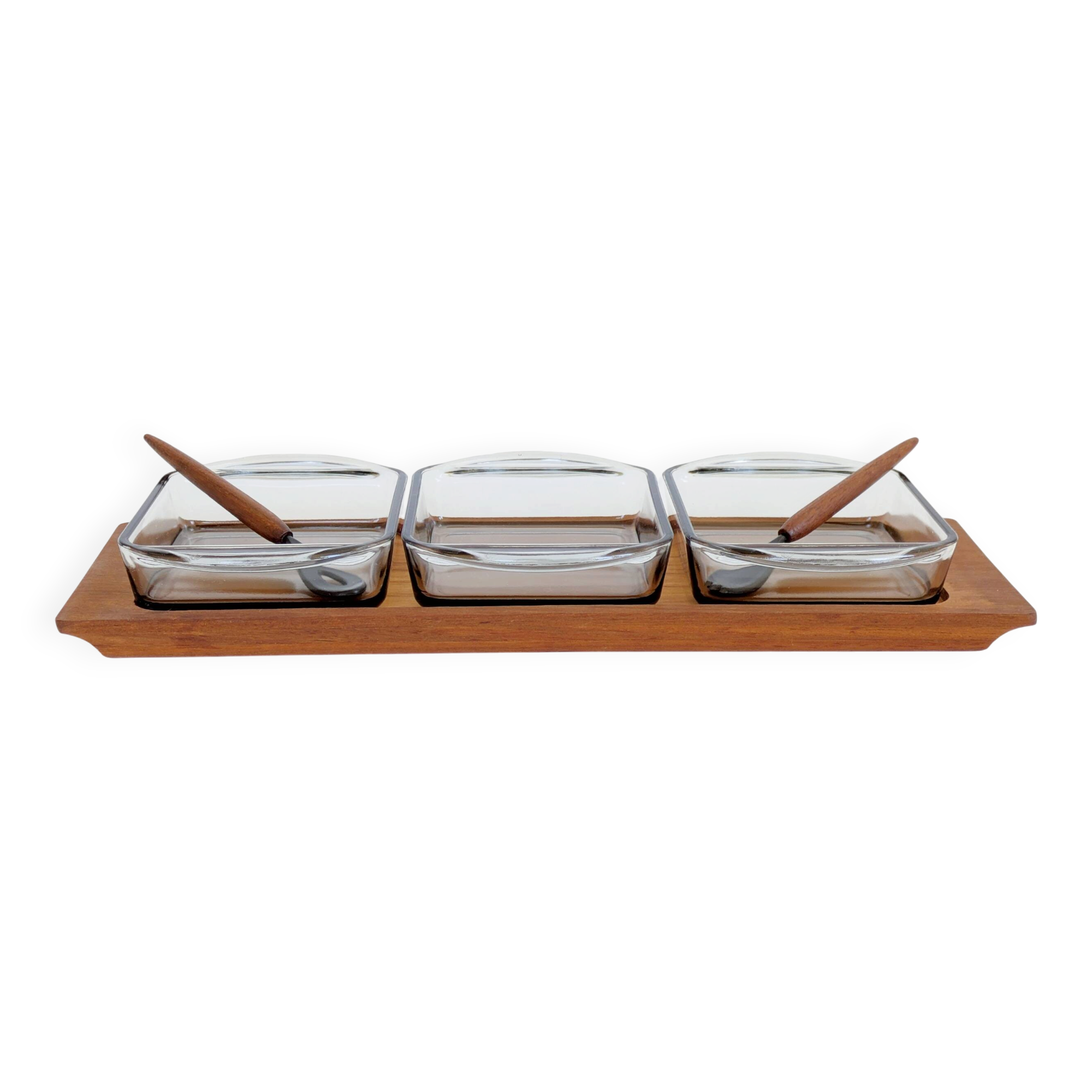 Danish vintage service teak tray, smoked glass bowls, spoon fork.