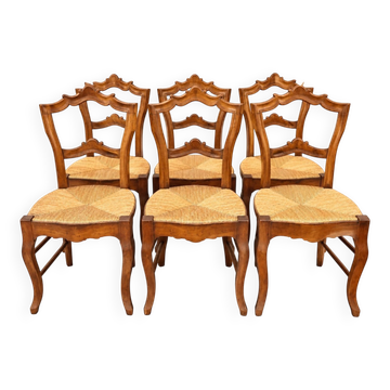 Set of 6 Louis-Philippe chairs — Carved backs — Straw seats