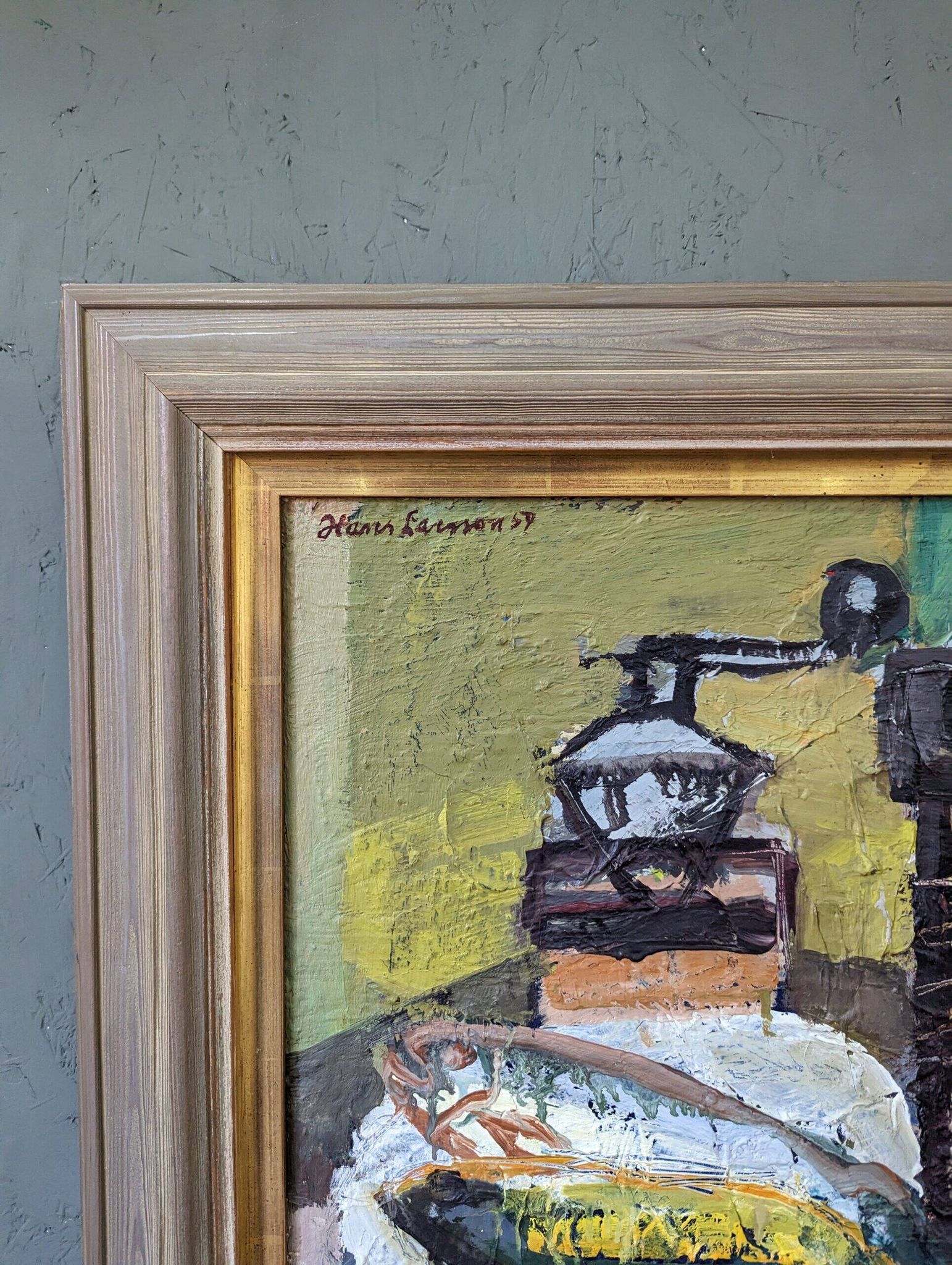 1959 Mid-Century Modern Swedish "Still Life With Lamp" Vintage Oil Painting, Framed