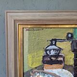 1959 Peinture à l’huile vintage suédoise moderne  « Nature morte avec lampe », encadrée
