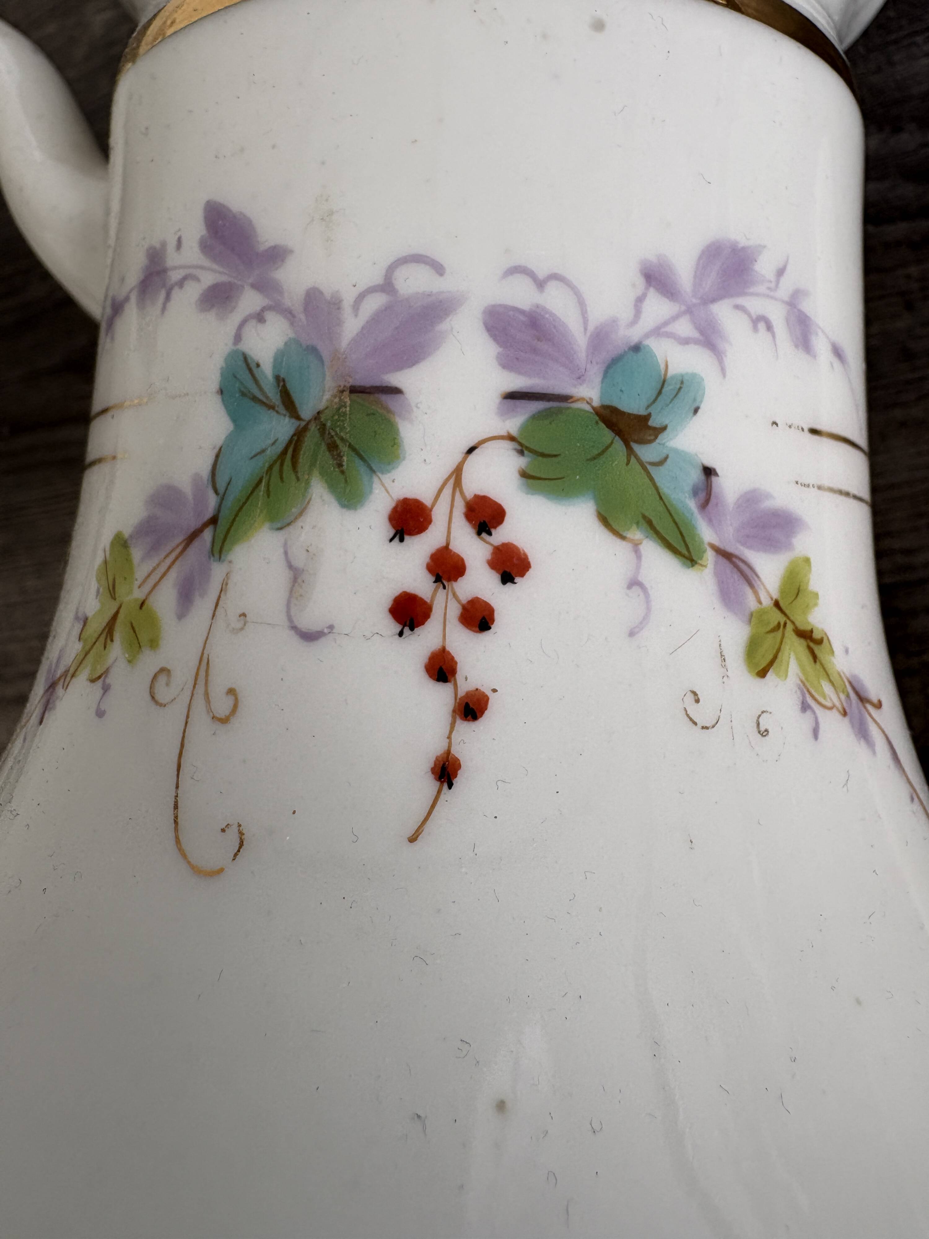 Porcelain Coffee Pot Decorated with Currants - Vintage 1900