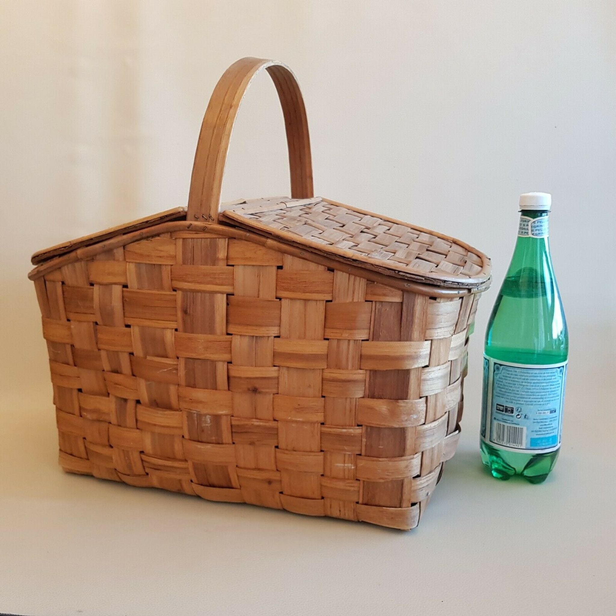 Old picnic basket wicker bamboo braided double opening