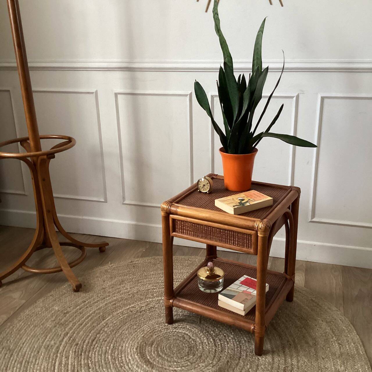 Vintage woven rattan and wicker bedside table