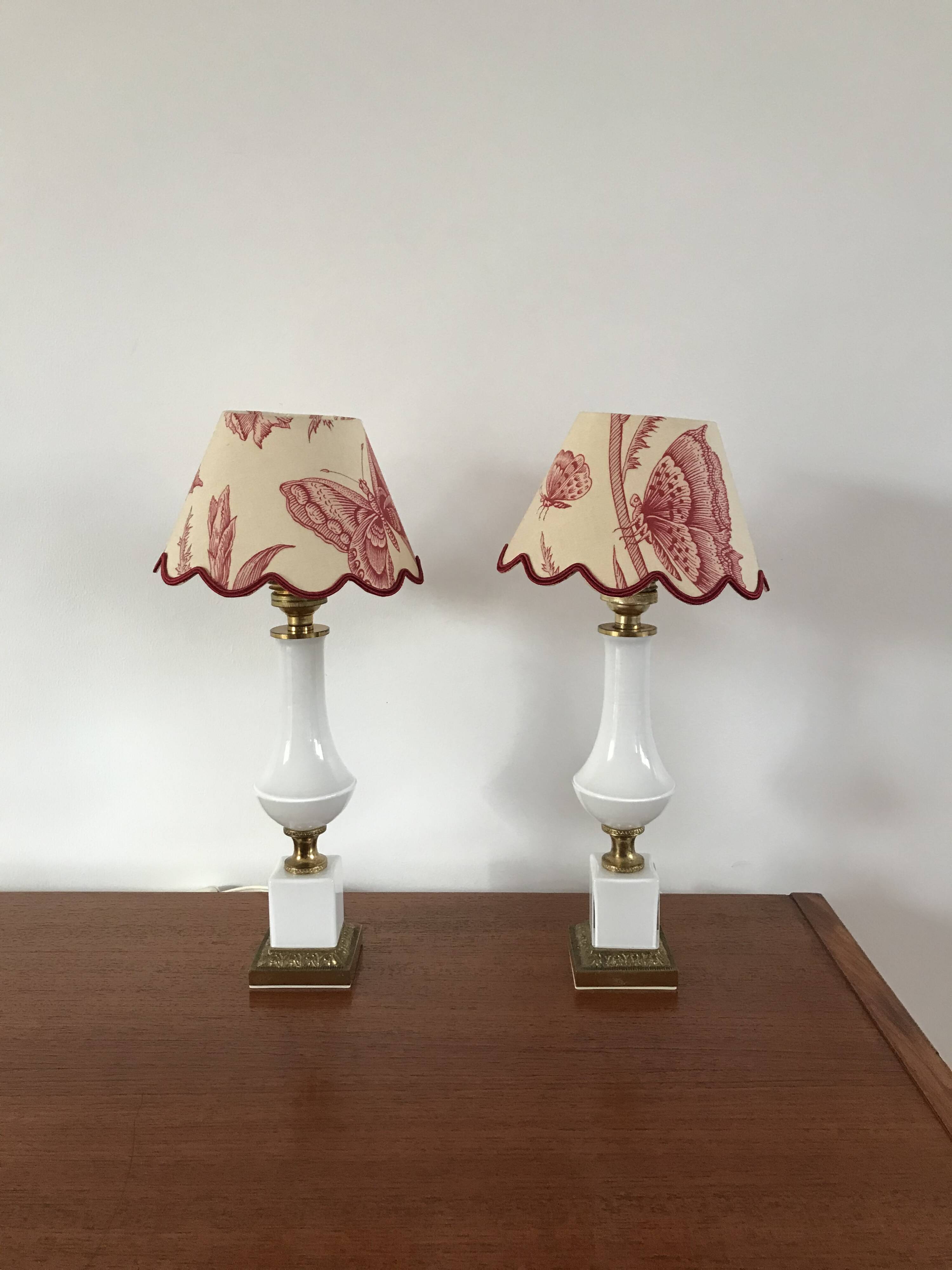 Pair of bedside lamps in opaline and brass toile de jouy lampshades 1950