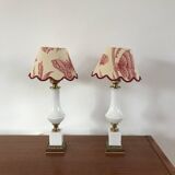 Pair of bedside lamps in opaline and brass toile de jouy lampshades 1950